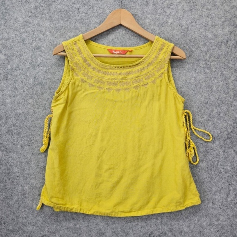 Boho‎ Linen Tank Top Womens M Mustard Side Tassel Festival Embroidered FUSION